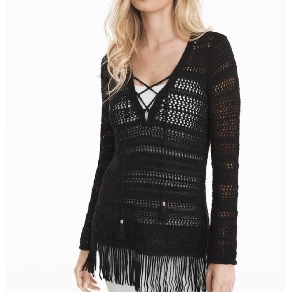 White House Black Market Women's M Navy Blue Open Knit Sweater Fringe Dolman
